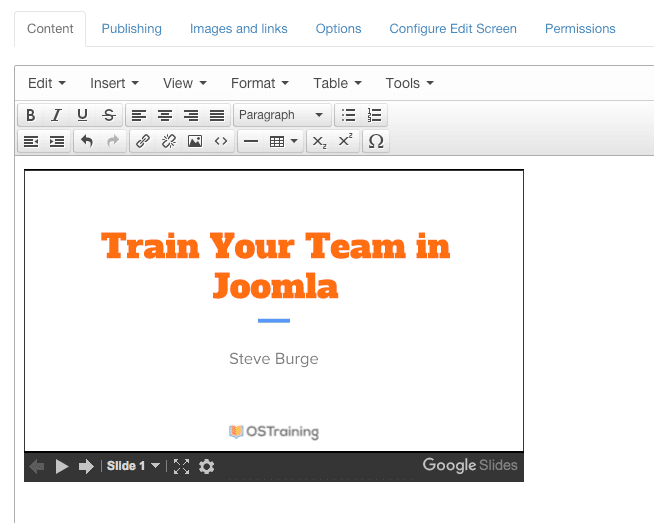 Viewing a Google Slides presentation in a Joomla admin article