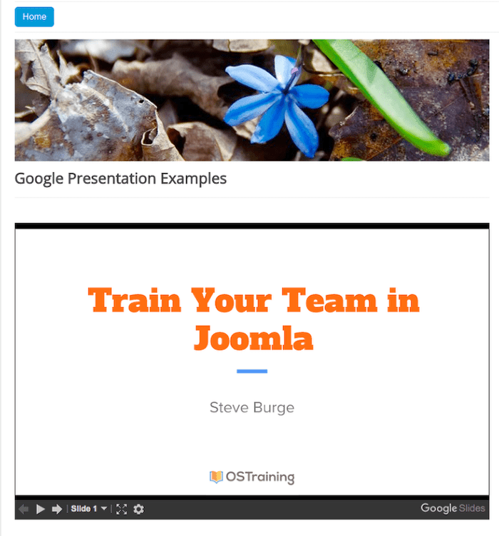Viewing a Google Slides presentation in a Joomla frontend article