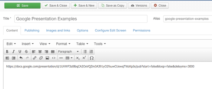 Adding a Google Slides presentation to Joomla article