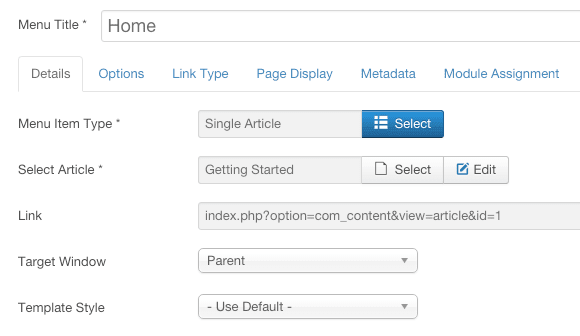 Joomla menu screen