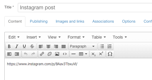 Adding the URL for Instagram Photos and Videos to Joomla