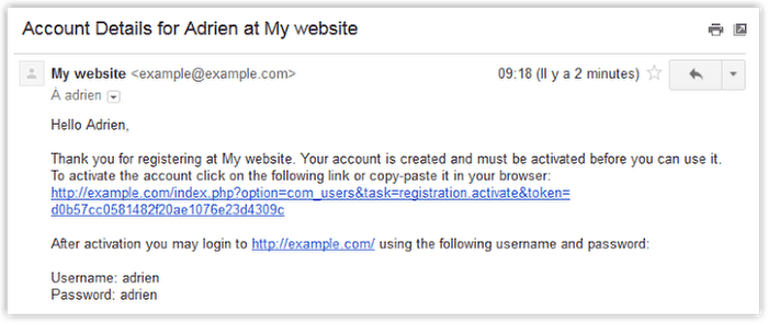 Joomla registration email