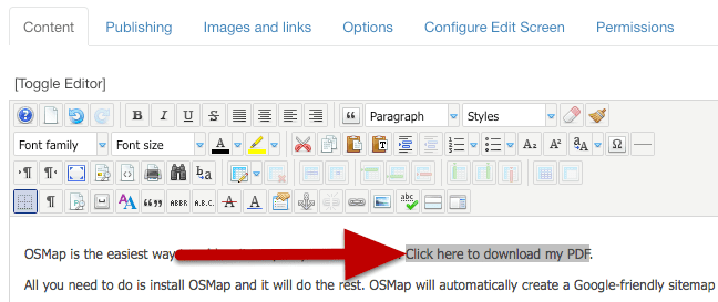 select the text for a Joomla pdf file link