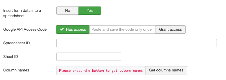 give access for Joomla forms / Google Sheets integration