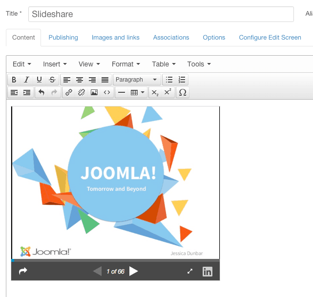 Preview a Slideshare presentation in a Joomla article