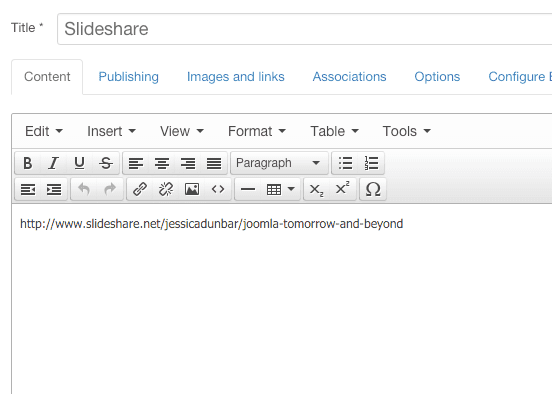 Add the Slideshare presentation URL to a Joomla article