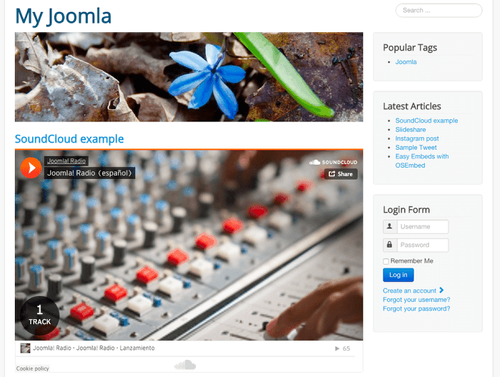 A SoundCloud file displayed in Joomla