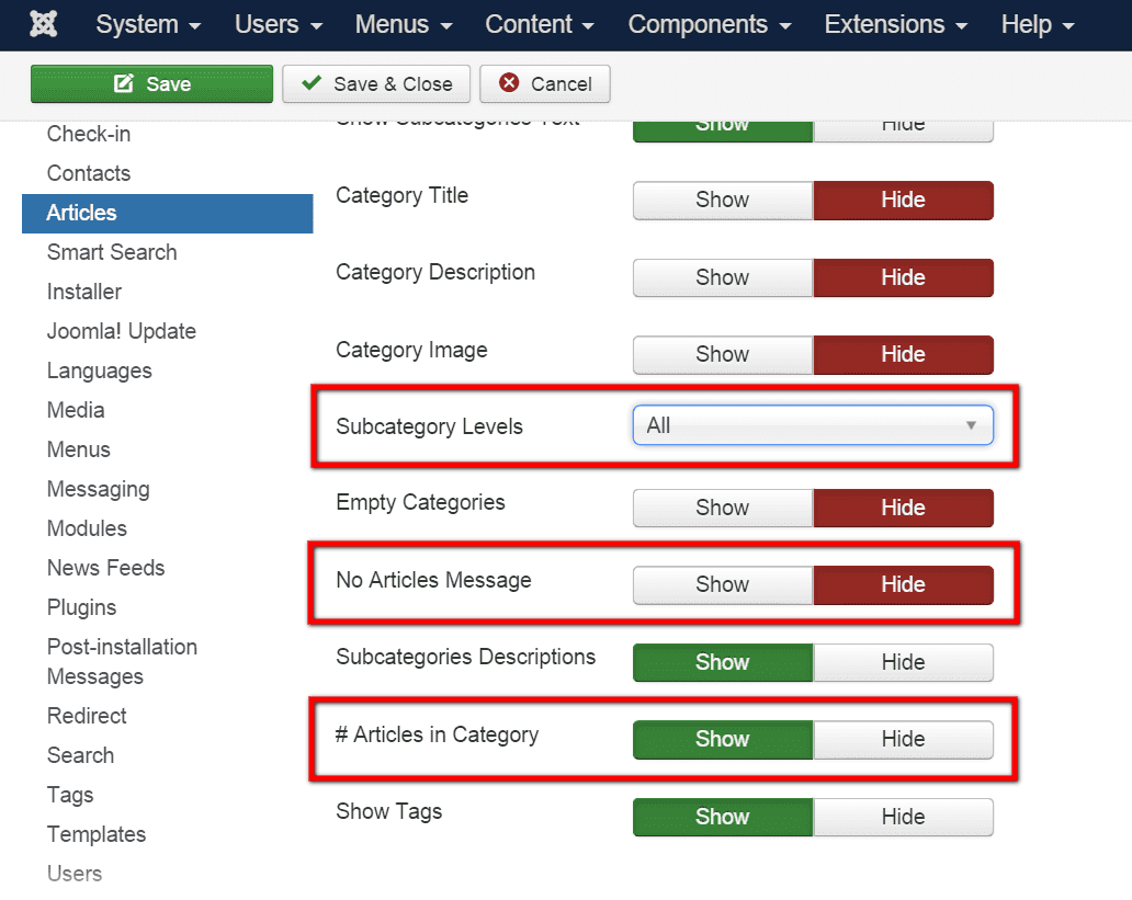 Joomla's article configuration screen