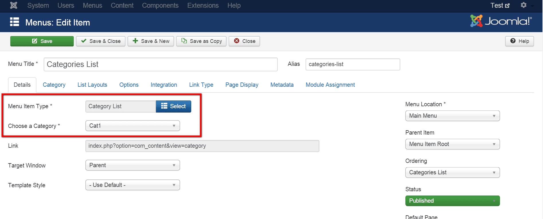 Setting up a Joomla menu link for categories