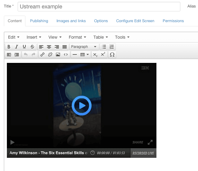 Joomla Ustream Video in the admin