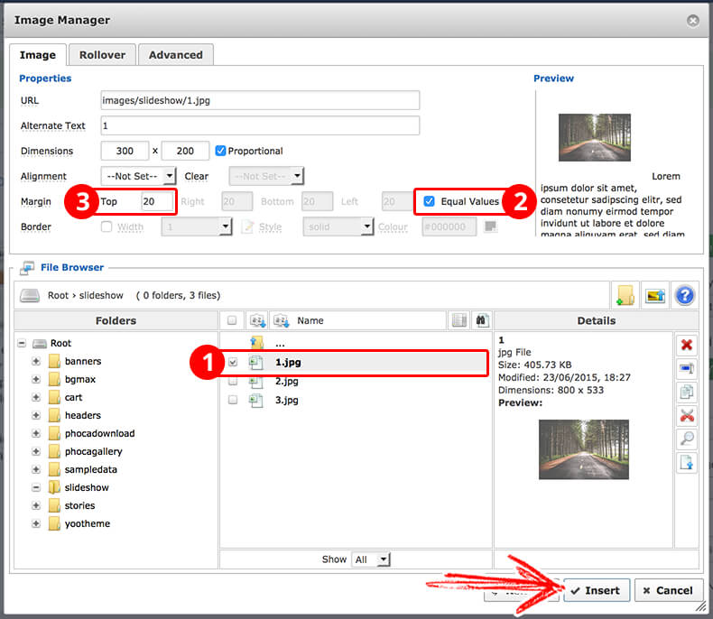 Insert an image and add equal margins in JCE Editor in Joomla