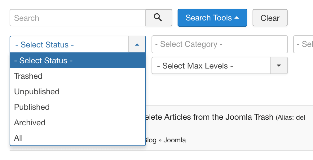 delete articles joomla