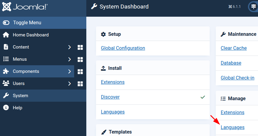 the system manage languages menu