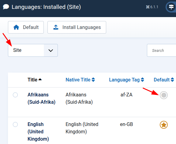 the default language button for frontend