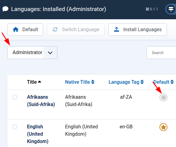 the default language button for admin dashboard