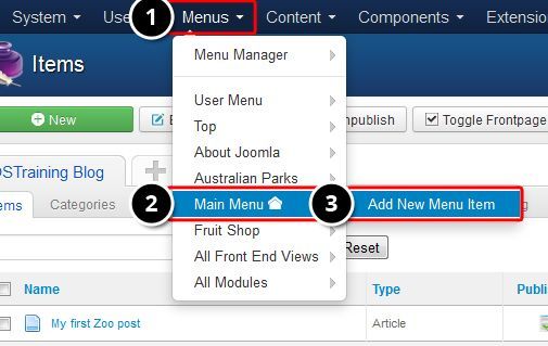 new menu item zoo joomla