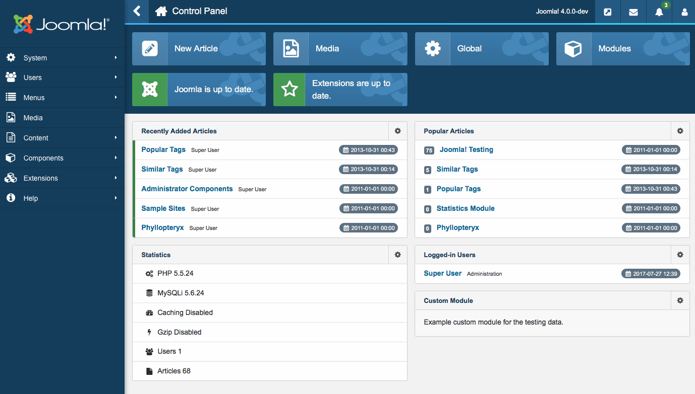 The Joomla 4 screen for the admin