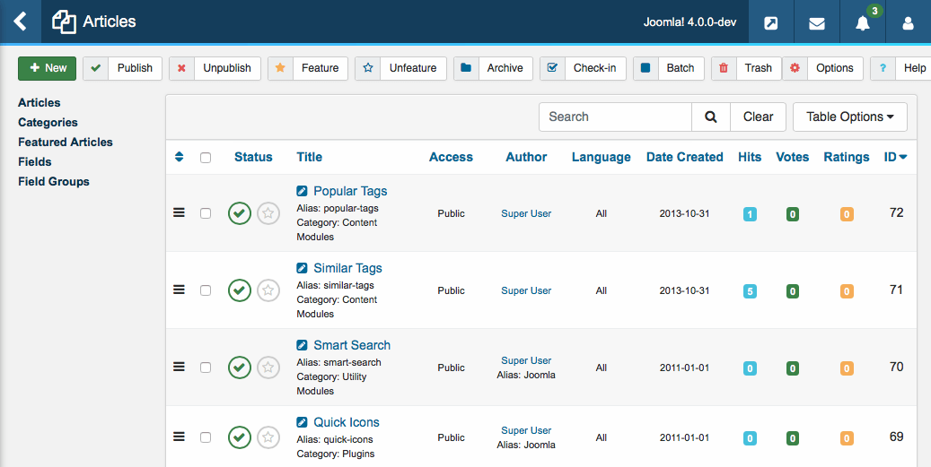 The Joomla 4 screen for the articles