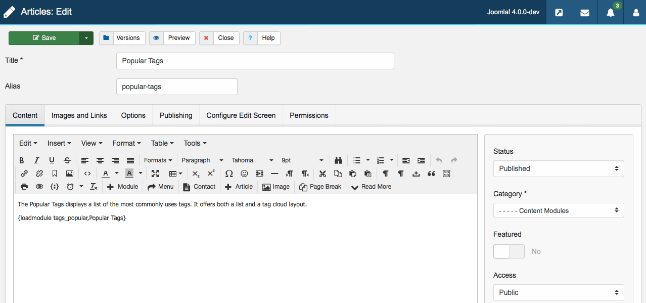 The Joomla 4 screen for editing articles