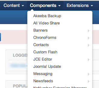 The Components Dropdown in Joomla