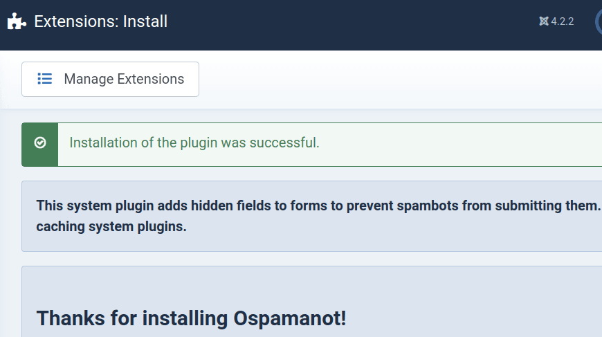 ospam a not installed successfully on a joomla 4 site