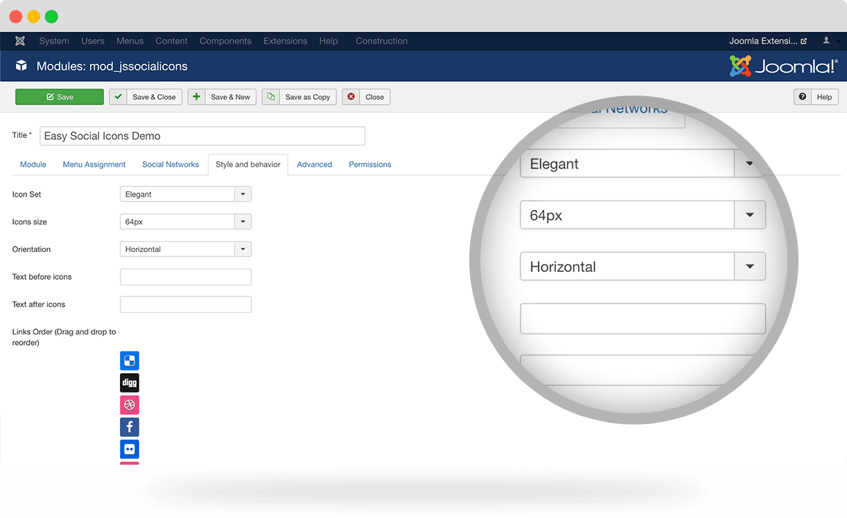 Easy Social Icons - Joomla Social Icons settings