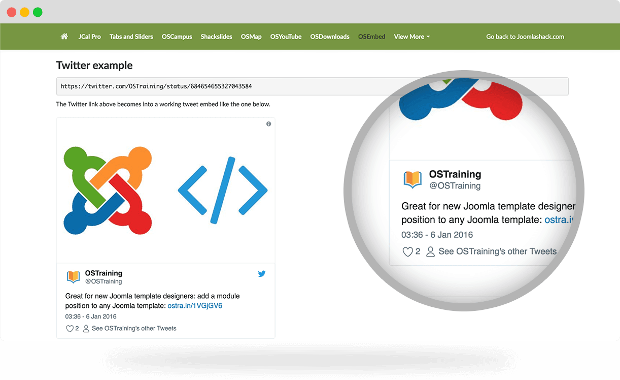OSEmbed Joomla embeds for tweets