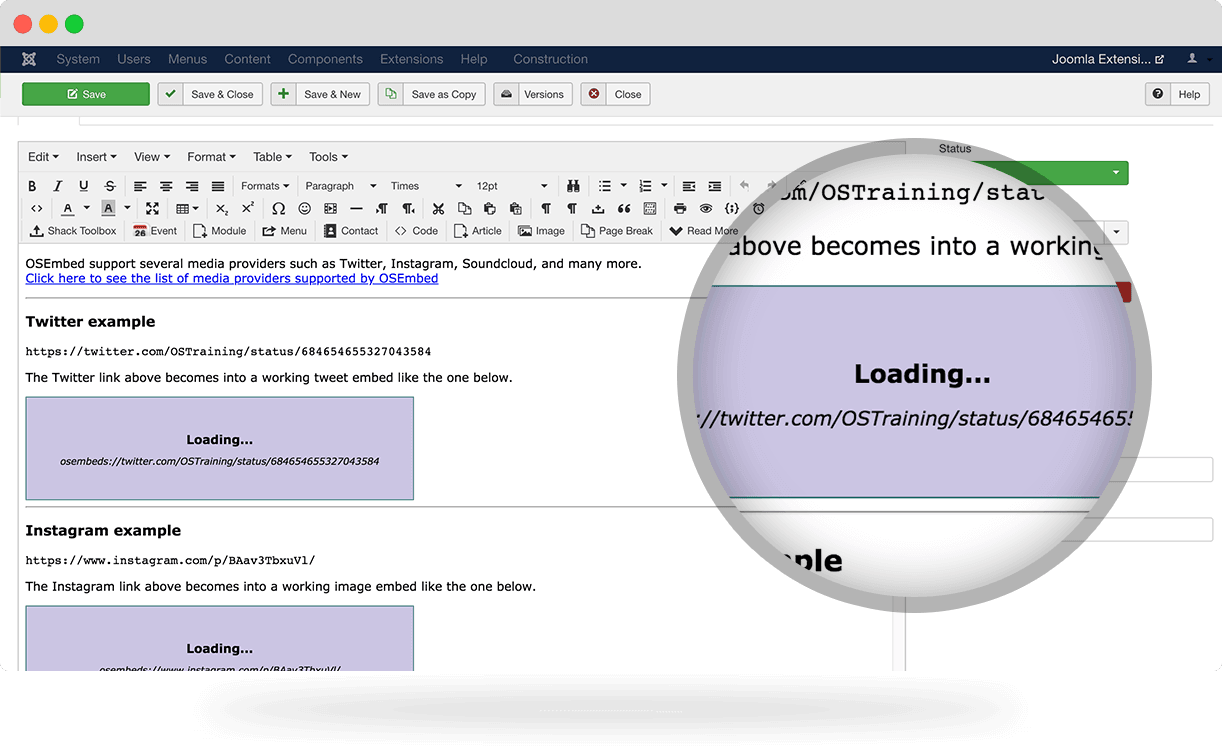OSEmbed Joomla embed previews
