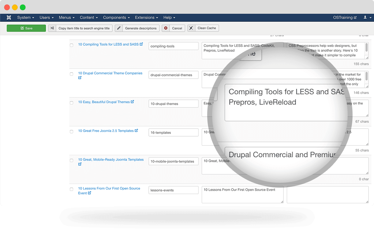 OSMeta Joomla metadata screen