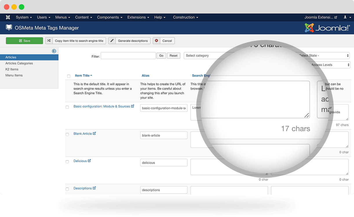 OSMeta Joomla metadata screen