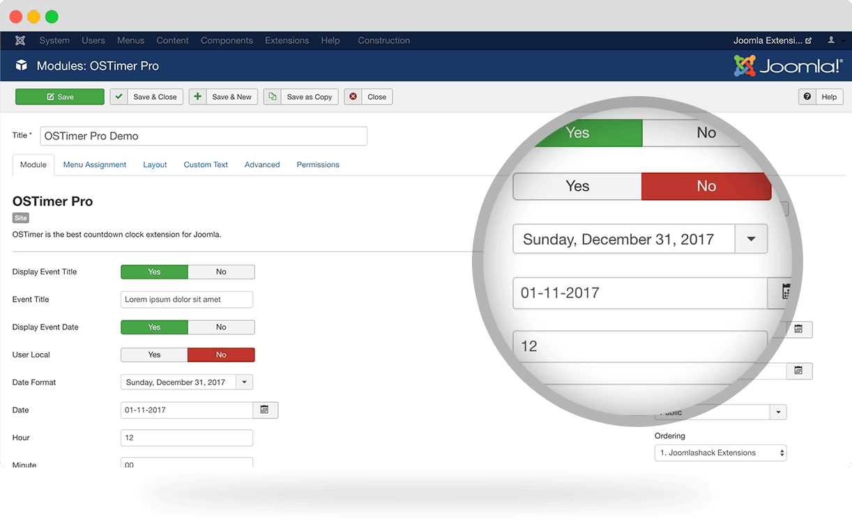 OSTimer Joomla countdown settings