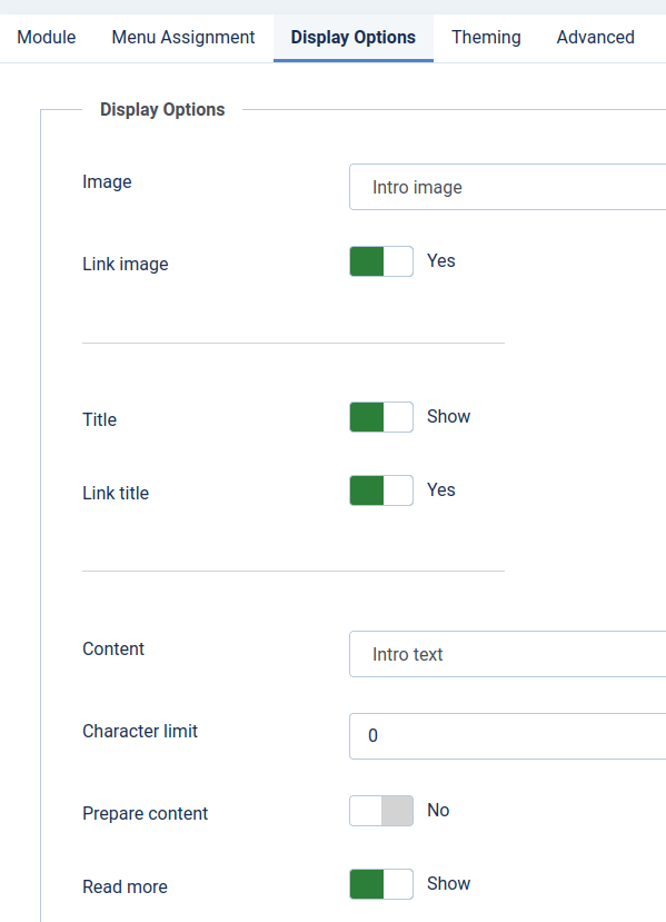 the display options