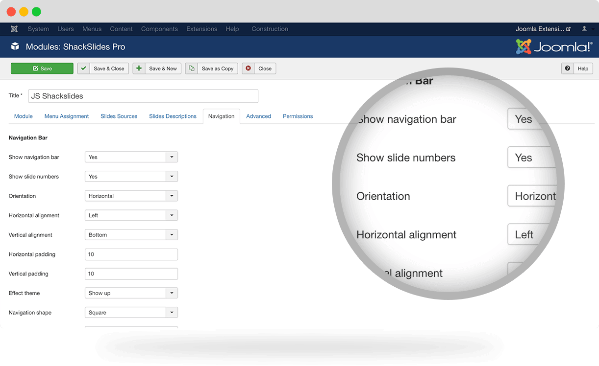 Shack Slides Joomla slideshow settings