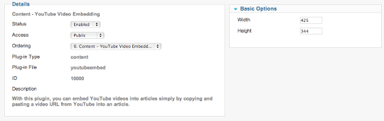 Joomla YouTube configuration options