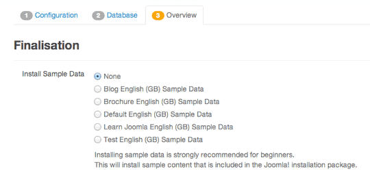 Joomla sample data options